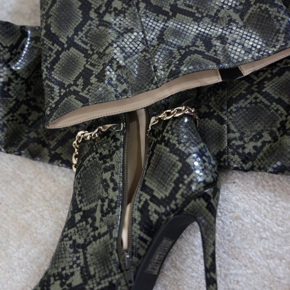 So Me Olive Snakeskin Chain Boot Heels - Picture 3 of 9